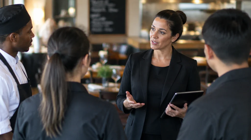 Restaurant manager speaking with staff during a team meeting in a dining room