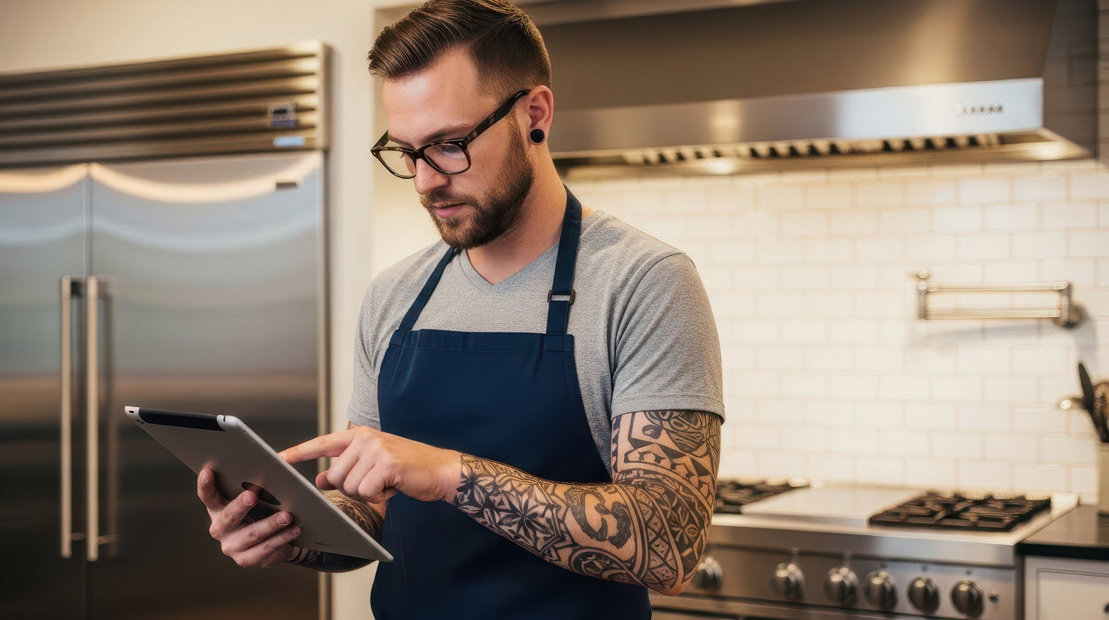 Restaurant employee in an apron using a tablet in a commercial kitchen.