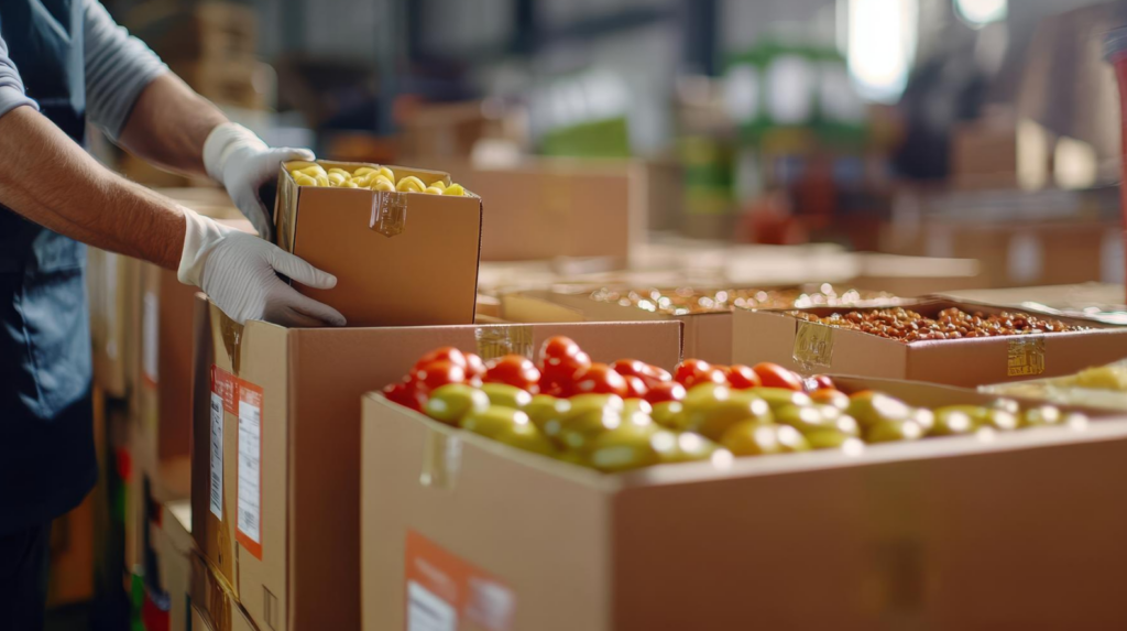 worker handling fresh produce boxes for food service logistics and distribution