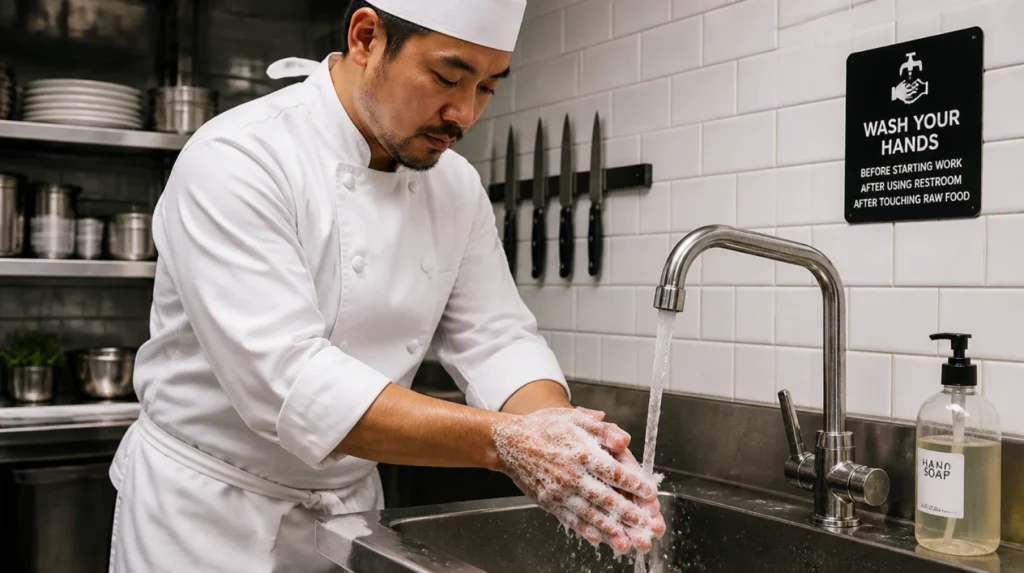 Chef washing hands at a kitchen sink following proper food safety and hygiene practices