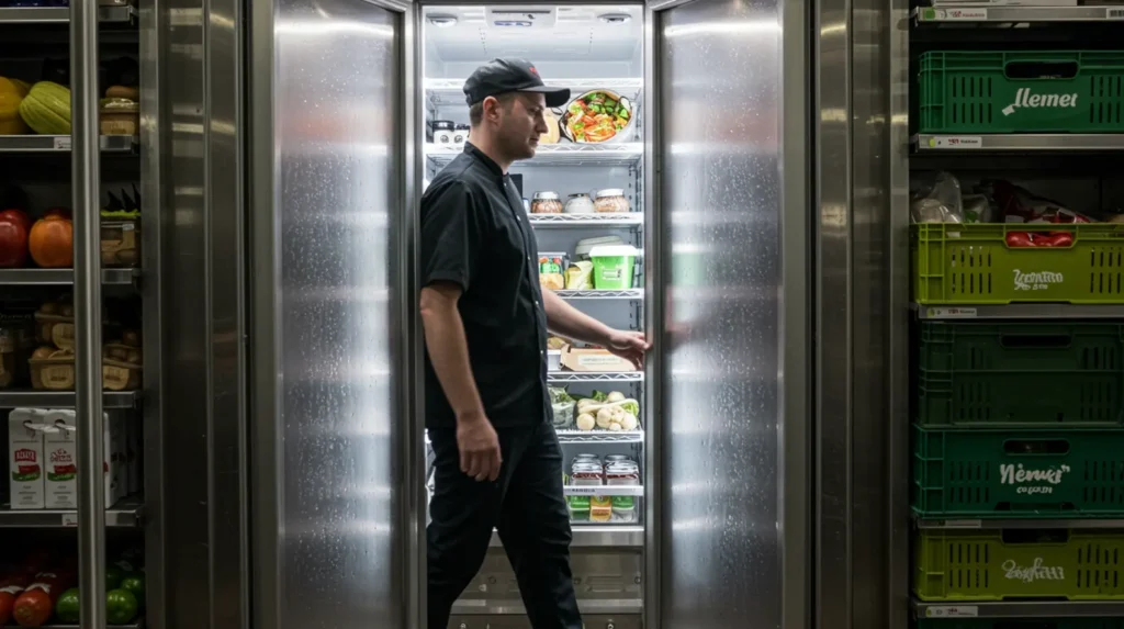 A male chef in a professional kitchen opens a large, stainless steel commercial refrigerator fully stocked with a variety of fresh ingredients, including produce, prepared foods, and jars. Green crates labeled "llemnet" and "Nèrucí" are visible outside the refrigerator.