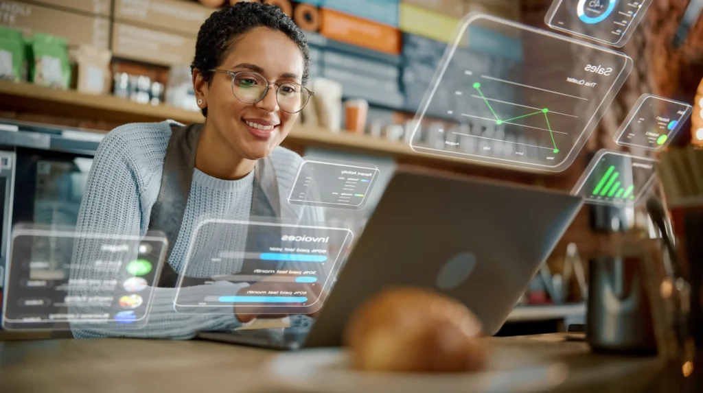 Foodservice professional reviewing sales and market research analytics