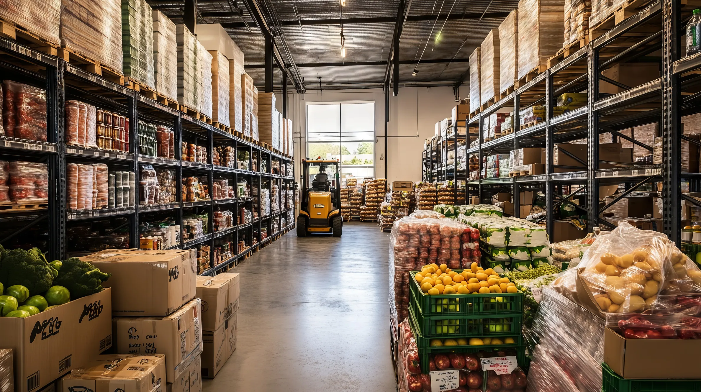 Foodservice distribution warehouse with produce, packaged goods, and inventory storage shelves used for transportation and logistics operations.