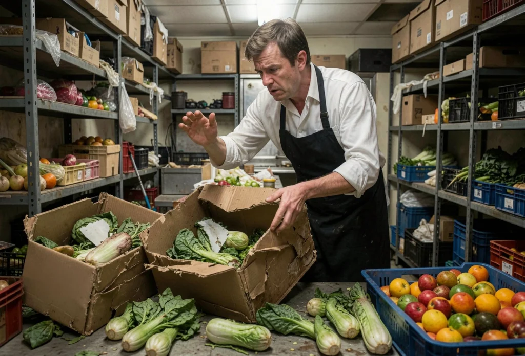 Foodservice worker inspecting a damaged box of spoiled leafy greens in a storage room