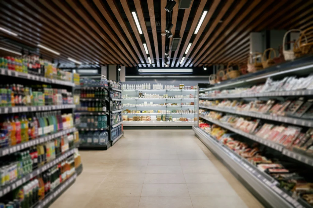 Grocery store stocked full of food and beverage products representing the foodservice supply chain