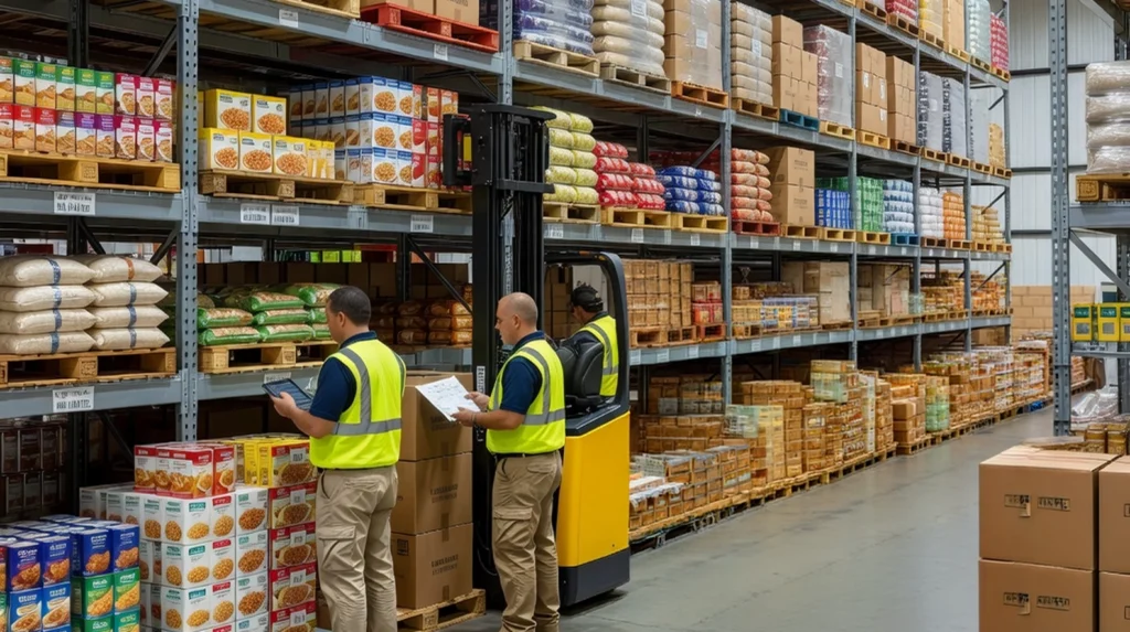 Warehouse workers check pallets and boxes while a forklift operates in a high-bay storage area.