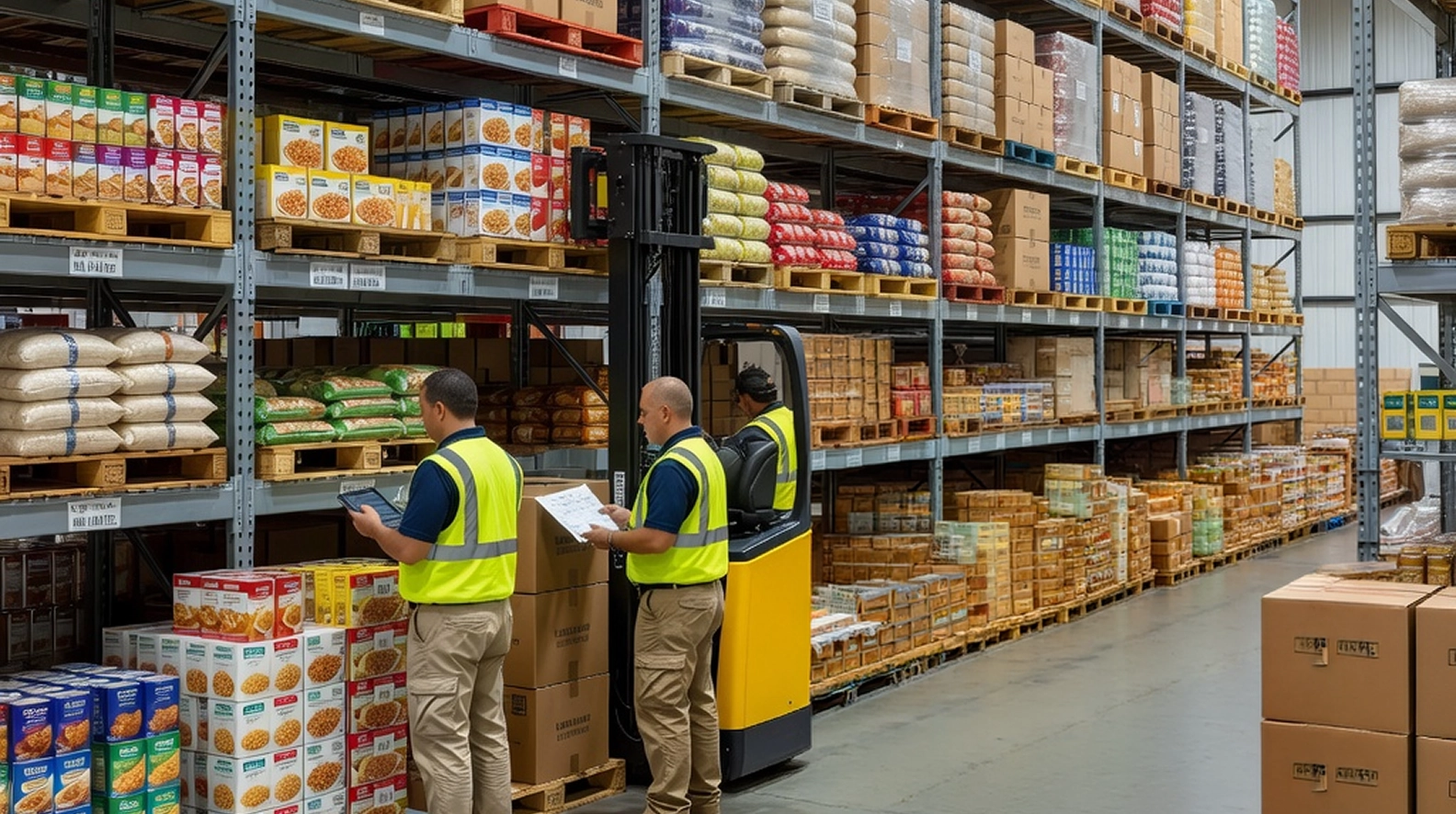 Warehouse workers check pallets and boxes while a forklift operates in a high-bay storage area.