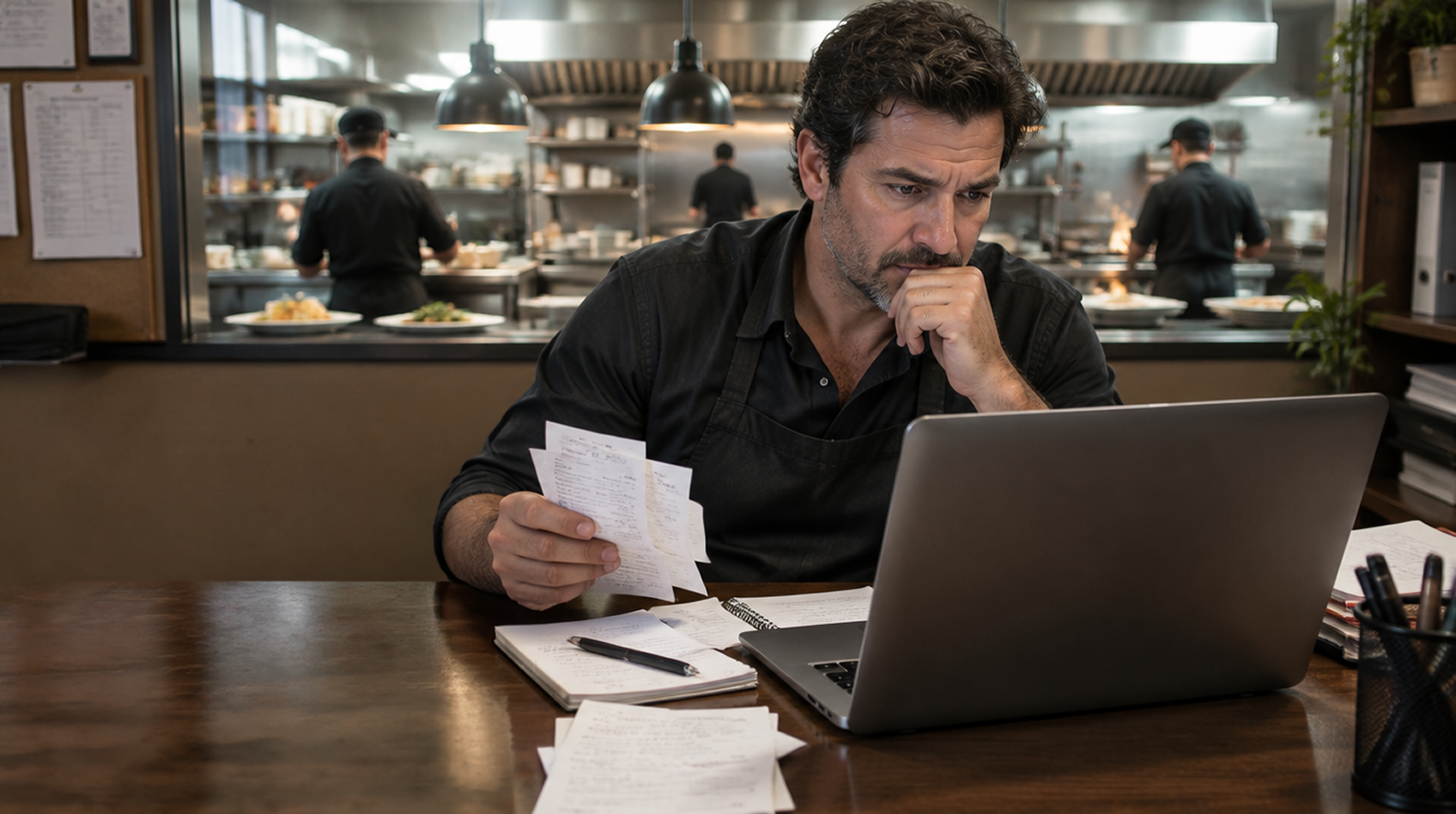 Restaurant operator reviewing invoices on a laptop with kitchen