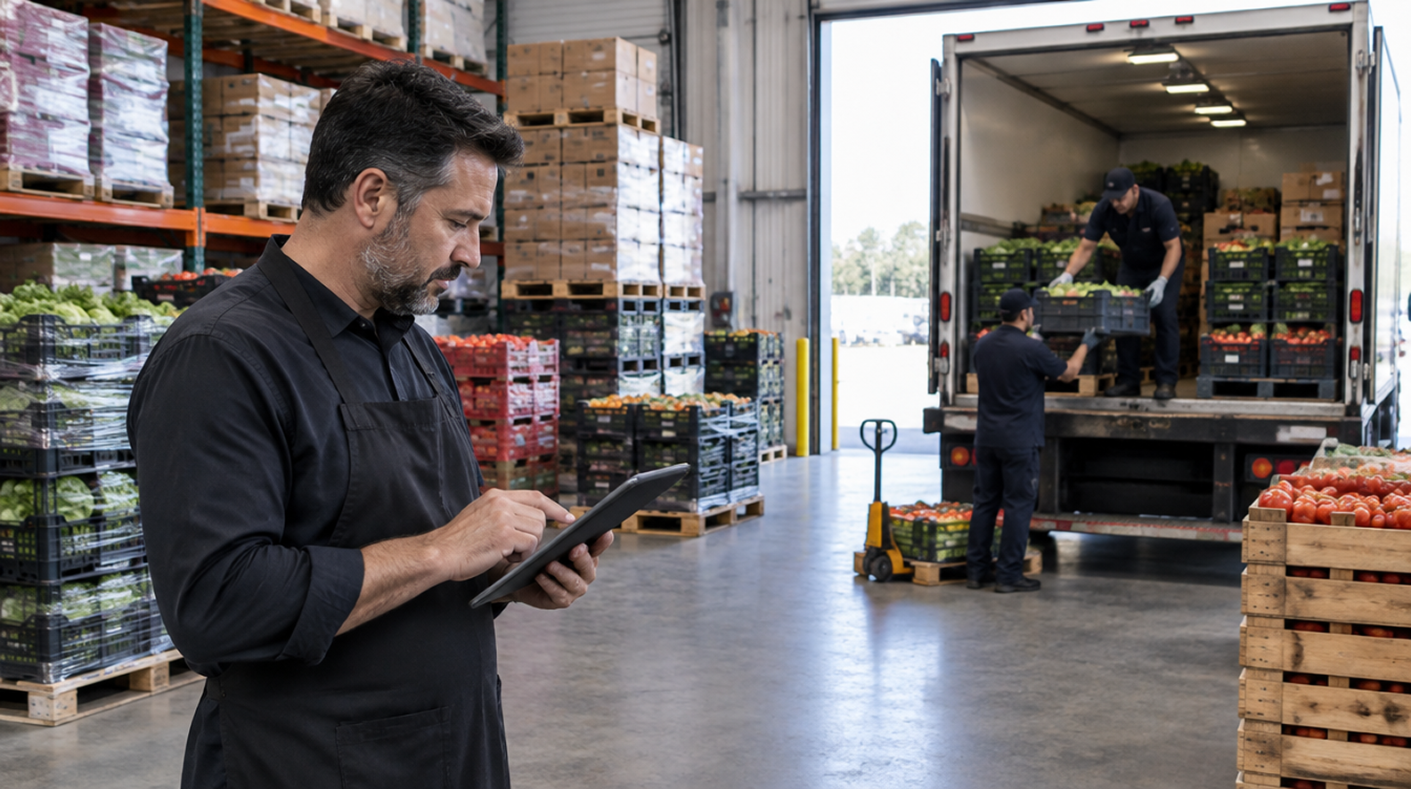 A foodservice professional is reviewing purchasing data while workers unload fresh produce